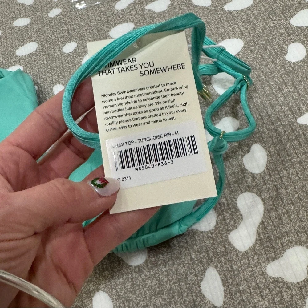 NWT Monday Swimwear bikini top Kauai turquoise wide rib open back triangle